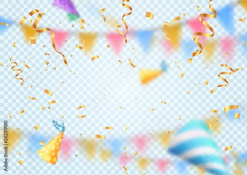 Golden flying confetti on blur effect. Holiday celebration with empty space vector card template on transparent background