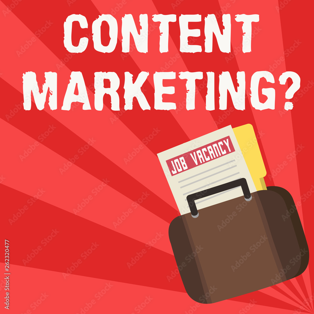 Naklejka premium Word writing text Content Marketing question. Business photo showcasing involves creation and sharing of online material Announcement File Folder for Employment Opportunity Tucked Inside Briefcase