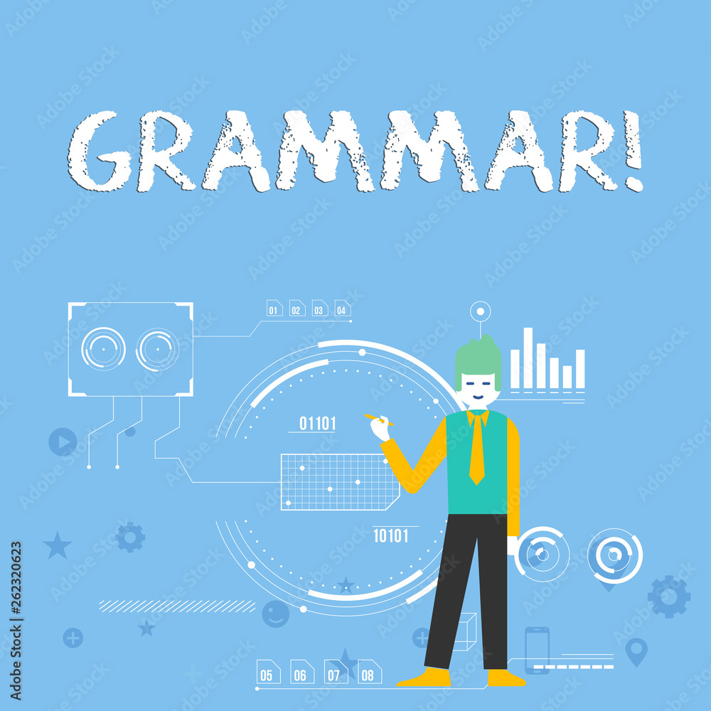 Handwriting text Grammar. Conceptual photo whole system structure language syntax and morphology Man Standing Holding Pen Pointing to Chart Diagram with SEO Process Icons