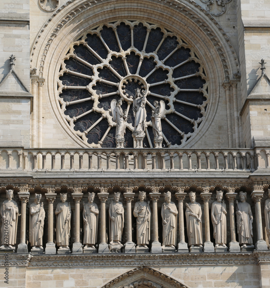 detail of facade of the famous church Notre Dame de Paris