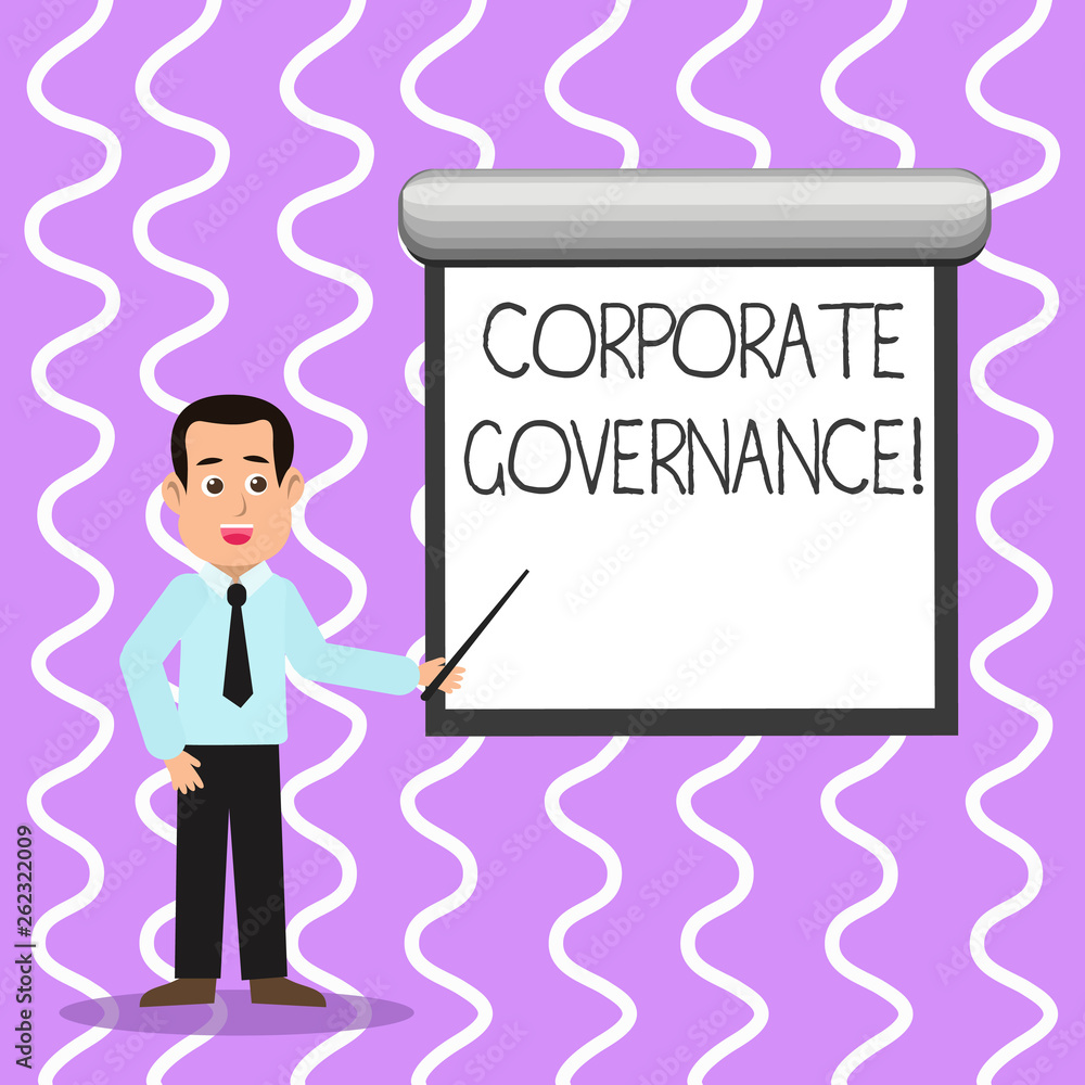 Conceptual hand writing showing Corporate Governance. Concept meaning system of processes by which a firm is controlled Man in Necktie Holding Stick Pointing White Screen on Wall Conceptual hand writing showing Corporate Governance. Concept meaning system of processes by which a firm is controlled Man in Necktie Holding Stick Pointing White Screen on Wall
