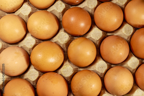 Raw chicken eggs in cardboard egg box close-up