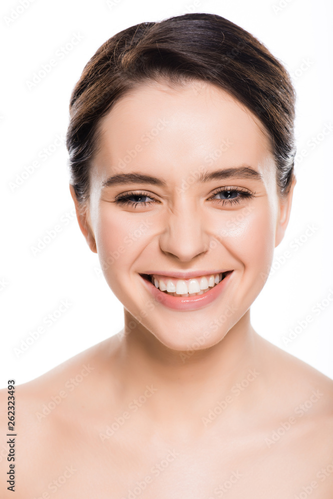 naked young woman with face cream in fingers looking at camera isolated on white naked young woman with face cream in fingers looking at camera isolated on white