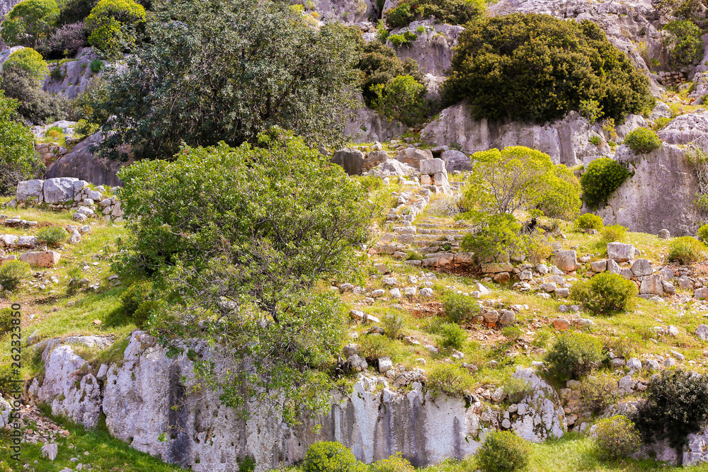 old, historic place of human settlements, only climbing stairs left in the rock and all overgrown with grass and shrubs. old, historic place of human settlements, only climbing stairs left in the rock and all overgrown with grass and shrubs.