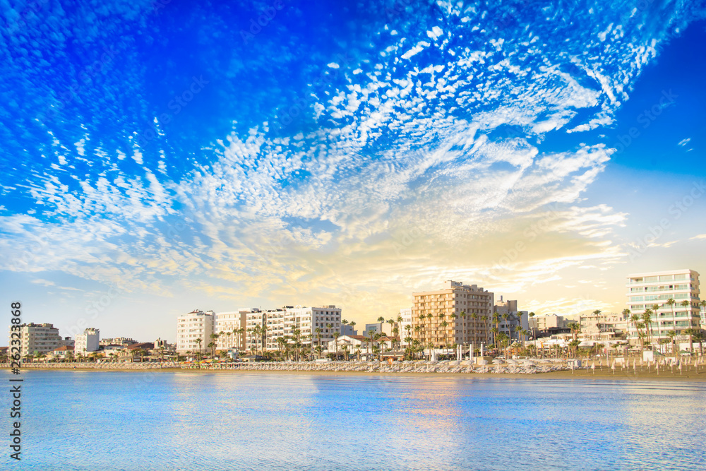 Beautiful view of the main street of Larnaca and Phinikoudes beach in Cyprus