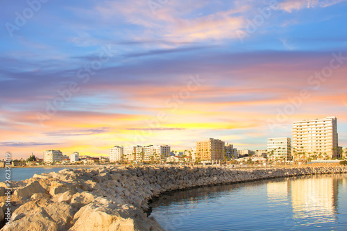 Beautiful view of the main street of Larnaca and Phinikoudes beach in Cyprus © marinadatsenko