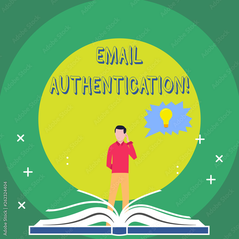 Word writing text Email Authentication. Business photo showcasing used to block harmful or fraudulent uses of email Man Standing Behind Open Book, Hand on Head, Jagged Speech Bubble with Bulb Word writing text Email Authentication. Business photo showcasing used to block harmful or fraudulent uses of email Man Standing Behind Open Book, Hand on Head, Jagged Speech Bubble with Bulb