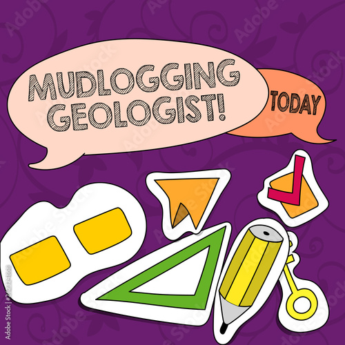 Conceptual hand writing showing Mudlogging Geologist. Concept meaning gather information and creating a detailed well log Two Speech Balloon and Different Labels Sticker Style Icons photo