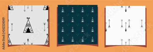 Three tiles of seamless pattern with wigwam and arrows. For the decor of the walls in the children's room, the design of kids zone, cards in the style of boho. Vector illustration scandinavian style