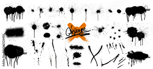 Spray graffiti stencil template. Isolated collection, great elaboration. Black splashes isolated on transparent background.  Paint splats blotches. Round grunge design elements. Spray graffiti set