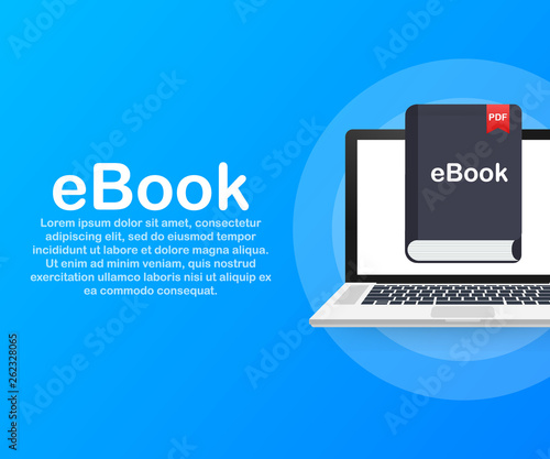 Download book. E-book marketing, content marketing, ebook download on laptop. Vector illustration.