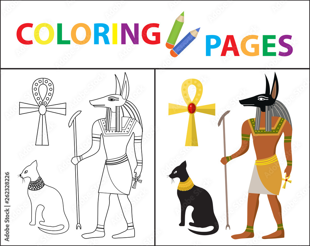 Coloring book page. Egyptian set. Sketch outline and color version. Coloring for kids. Childrens education. Vector illustration.