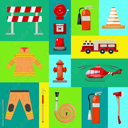 Fire safety banner vector illustration. Firefighter uniform and inventory. Helmet, gloves. Equipment as firehose hydrant alarm, bollard and extinguisher station.