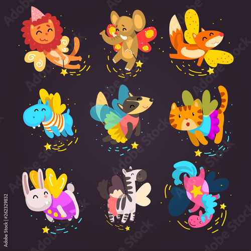 Collection of cute winged animals with a magic wands, fantasy fairy tale dog, cat, horse, unicorn, bunny, zebra cartoon characters vector Illustration