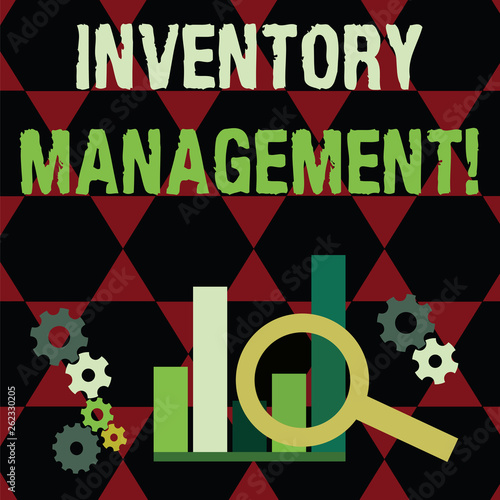 Text sign showing Inventory Management. Business photo text supervision of noncapitalized assets and stock items Magnifying Glass Over Bar Column Chart beside Cog Wheel Gears for Analysis