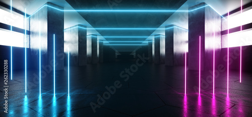 Sci Fi Elegant Futuristic Alienship Modern Long Dark Grunge Concrete Reflective Empty Tunnel Corridor With Neon Glowing Purple  Blue Lights White Windows Background 3D Rendering