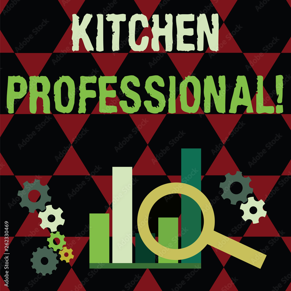 Text sign showing Kitchen Professional. Business photo text equipped to satisfy the needs of a professional chef Magnifying Glass Over Bar Column Chart beside Cog Wheel Gears for Analysis