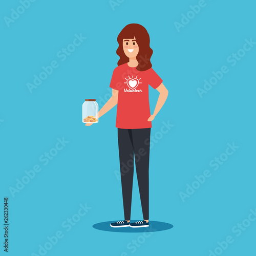 girl volunteer with moneybox and coins donation