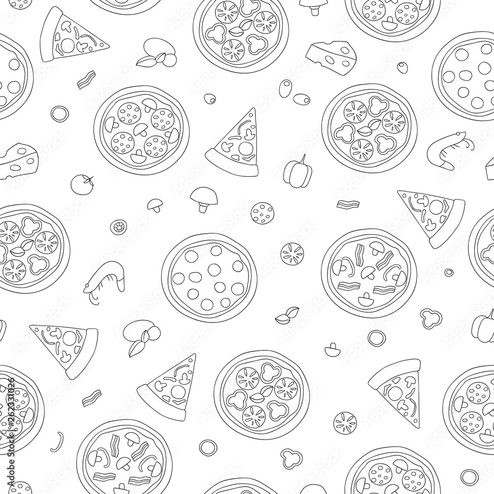 Vector seamless pattern of black and white pizza. Repeat background with isolated monochrome pizza pieces, cheese, tomato, pepper, basil, mushroom, sausage