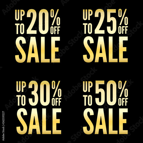 20 to 50 percent off sale signs collection. Discount gold black