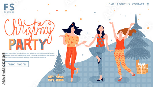 Christmas and Happy New Year landing page template for a company. Womens dance at a Christmas party and celebrate the coming of the New Year. Vector illustration. 