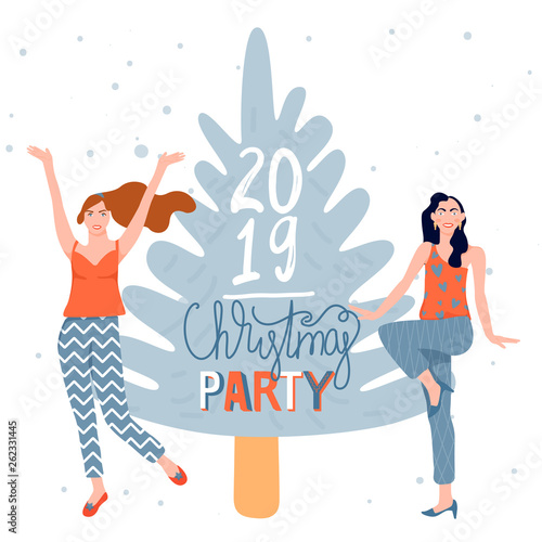 Christmas and Happy New Year greeting card with dancing girls and Christmas fir-tree. Womens dance at a Christmas party and celebrate the coming of the New Year. Vector illustration for textile, postc