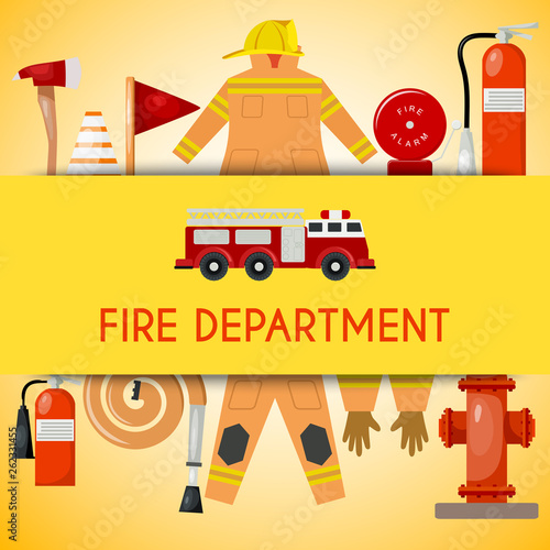 Fire department banner vector illustration. Firefighting equipment and tools firehose hydrant, alarm, bollard and extinguisher. Fireman uniform with helmet and gloves.