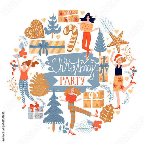Christmas and Happy New Year greeting card with Christmas cookies, dancing girls, gifts; Holly leaves, berries, spruce twigs and  lettering. Vector design template.