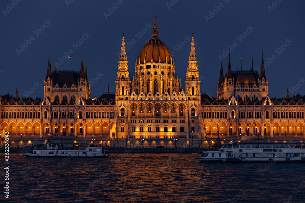 Budapest, Hungary - Jul 2, 2018 ships on the river in front of t Budapest, Hungary - Jul 2, 2018 ships on the river in front of t