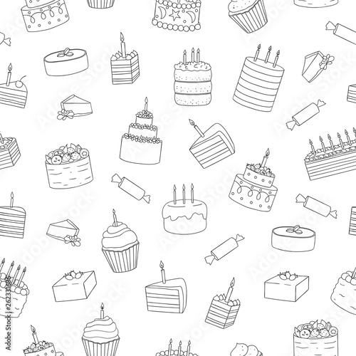 Vector seamless pattern of black and white cakes with candles. Birthday repeat backdrop. Linear art repeat texture of sweet bakery goods. Graphic drawing of cakes and candies