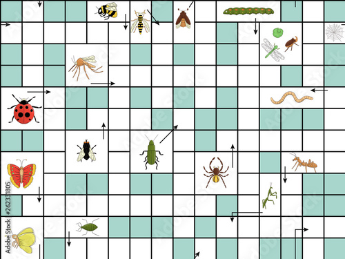 Vector seamless pattern with crossword puzzle. Bright and colorful repeat backdrop for children. School themed endless texture. Insect topic