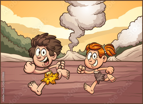 Cartoon cave boy and girl running on a prehistoric landscape clip art. Vector illustration with simple gradients. Some elements on separate layers. 