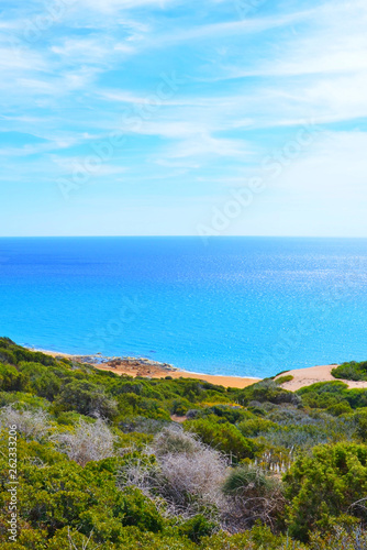 Vertical photography of beautiful sky and sea taken from the hills above the bay surrounded by green trees. Photographed in remote Karpas Peninsula, Turkish Northern Cyprus. 