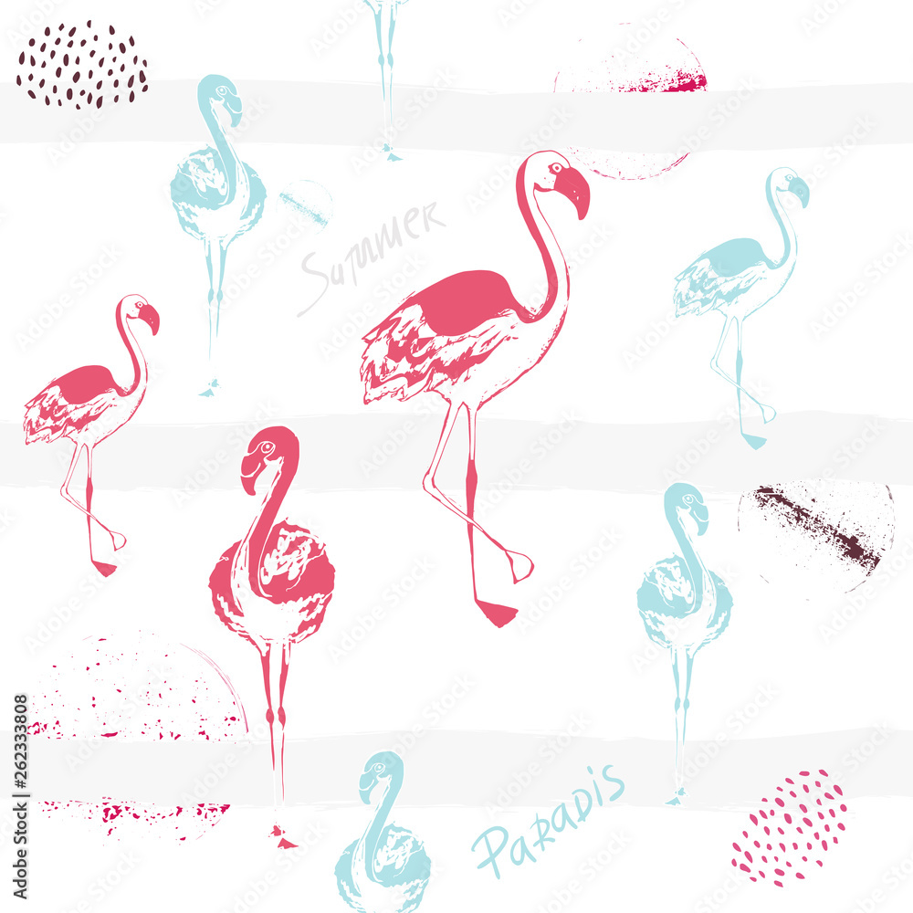 Pink flamingo. Cute African bird. Seamless vector pattern. Tropical gentle background for surface, textile, fabric for kids. hand drawn brush texture. Doodles flowers. white gentle abstract stripes Pink flamingo. Cute African bird. Seamless vector pattern. Tropical gentle background for surface, textile, fabric for kids. hand drawn brush texture. Doodles flowers. white gentle abstract stripes