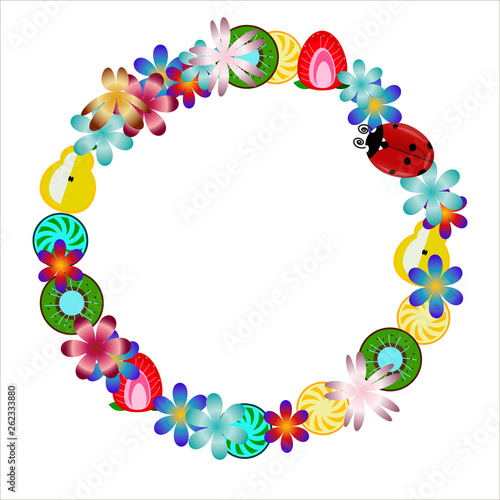 vector round frame with flowers and fruits