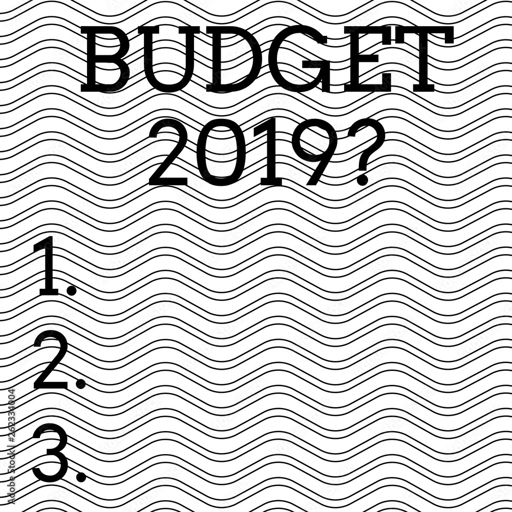 Word writing text Budget 2019 Question. Business photo showcasing estimate of income and expenditure for next year Pattern of Seamless Wavy and Curly Black Horizontal Lines on White Surface