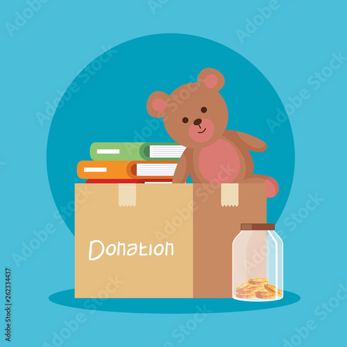 teddy and books inside box donation and moneybox