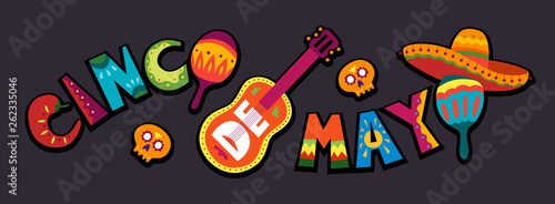 Cinco de Mayo in Mexico. May 5, Latin America holiday. Colorful, detailed, lots of objects background. Vector template with traditional Mexican symbols skull, guitar, flowers, red pepper