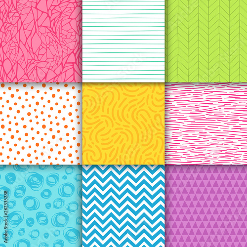 Abstract hand drawn geometric simple minimalistic seamless patterns set. Polka dot, stripes, waves, random symbols textures. Vector illustration