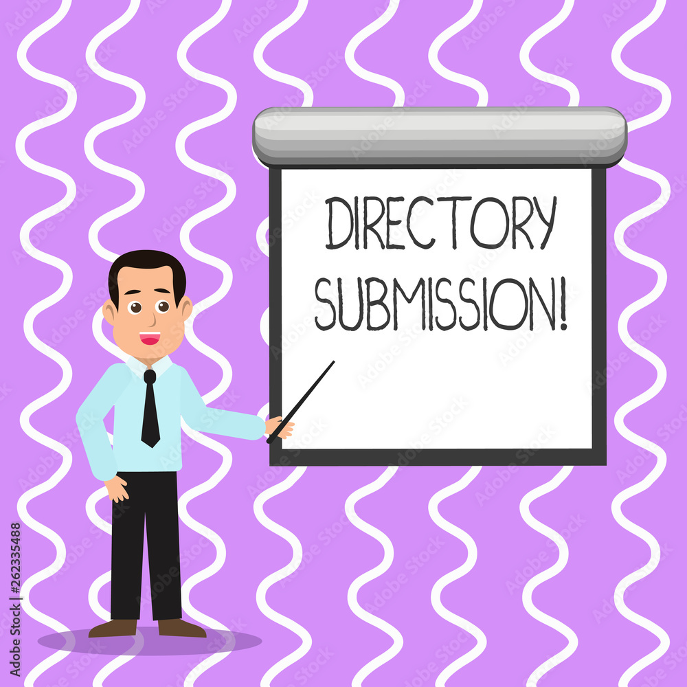 Conceptual hand writing showing Directory Submission. Concept meaning main source to increase backlinks for your website Man in Necktie Holding Stick Pointing White Screen on Wall Conceptual hand writing showing Directory Submission. Concept meaning main source to increase backlinks for your website Man in Necktie Holding Stick Pointing White Screen on Wall
