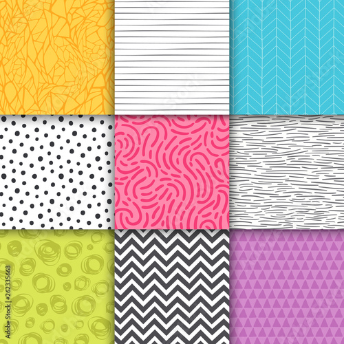 Abstract hand drawn geometric simple minimalistic seamless patterns set. Polka dot, stripes, waves, random symbols textures. Vector illustration