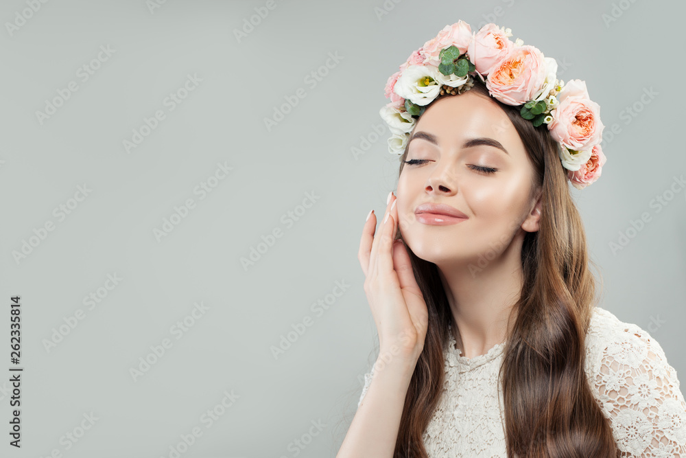 Summer Model Woman with Flowers on Gray Banner Background