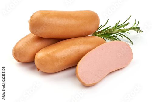 Fresh boiled sausages with rosemary, close-up, isolated on white background