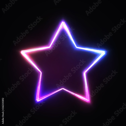 Neon light star sign. Blue pink violet glowing colorful signage isolated on dark background. Element design for banner flyer decoration covering. Electric shiny logo. Magic bright vector illustration.