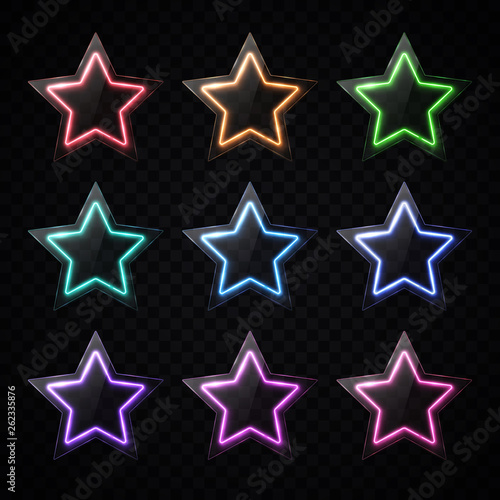 Colorful neon star shape banners set. Glowing led light stars with glass texture plate. Glossy infographics elements design for banner flyer business rating concept. Award badges vector illustration.