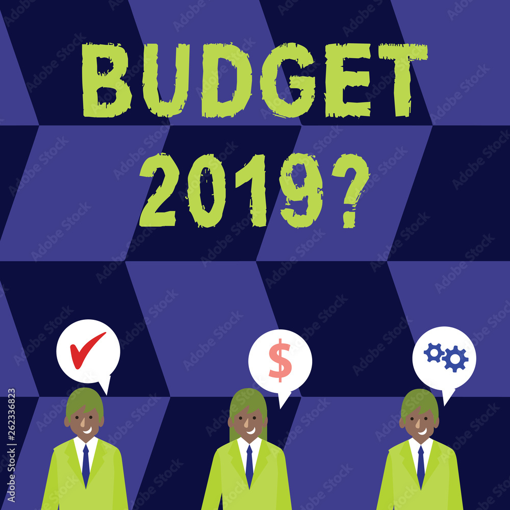 Word writing text Budget 2019 Question. Business photo showcasing estimate of income and expenditure for next year Businessmen Each has their Own Speech Bubble with Optimization Cost Icons Word writing text Budget 2019 Question. Business photo showcasing estimate of income and expenditure for next year Businessmen Each has their Own Speech Bubble with Optimization Cost Icons