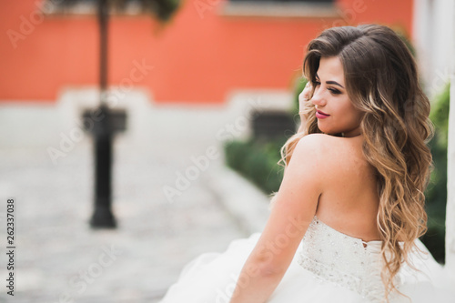 Beautiful fashion bride in wedding dress posing