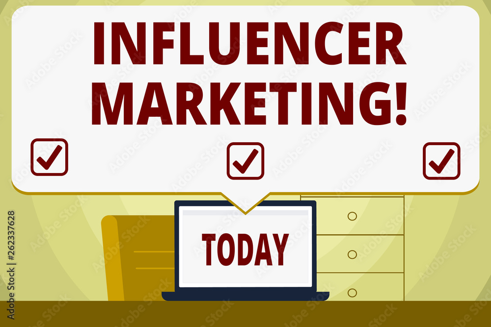 Conceptual hand writing showing Influencer Marketing. Concept meaning drive brand message to a specific market of consumers Speech Bubble Pointing White Laptop Screen in Workspace Idea Conceptual hand writing showing Influencer Marketing. Concept meaning drive brand message to a specific market of consumers Speech Bubble Pointing White Laptop Screen in Workspace Idea