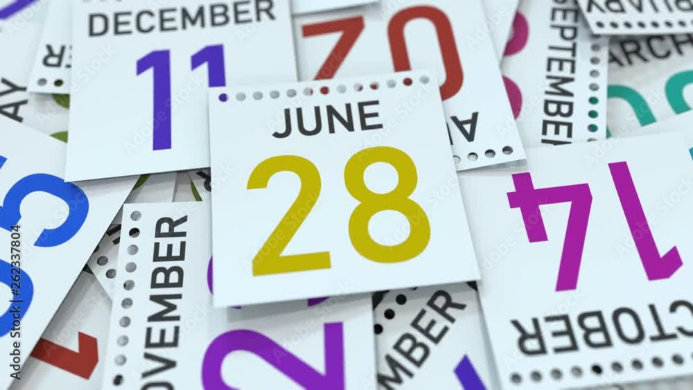 Calendar page shows June 28 date, 3D animation Calendar page shows June 28 date, 3D animation