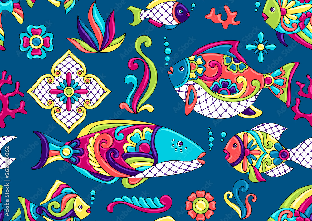 Fototapeta premium Mexican talavera ceramic tile pattern. Traditional decorative objects.